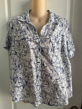 Ladies Short Sleeve Nautical Print Cotton Shirt - White & Navy-L